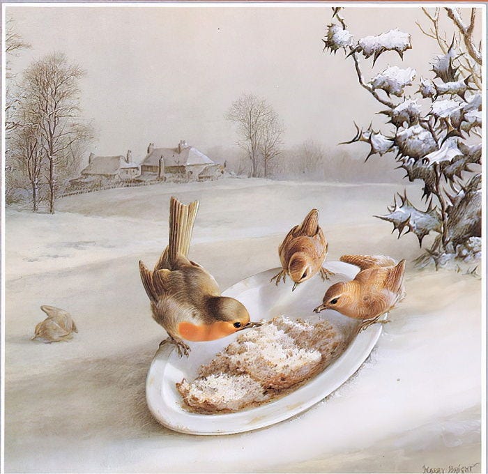 Robins and Wrens: Winter breakfast, Postcard Robins and Wrens: Winter breakfast, Postcard