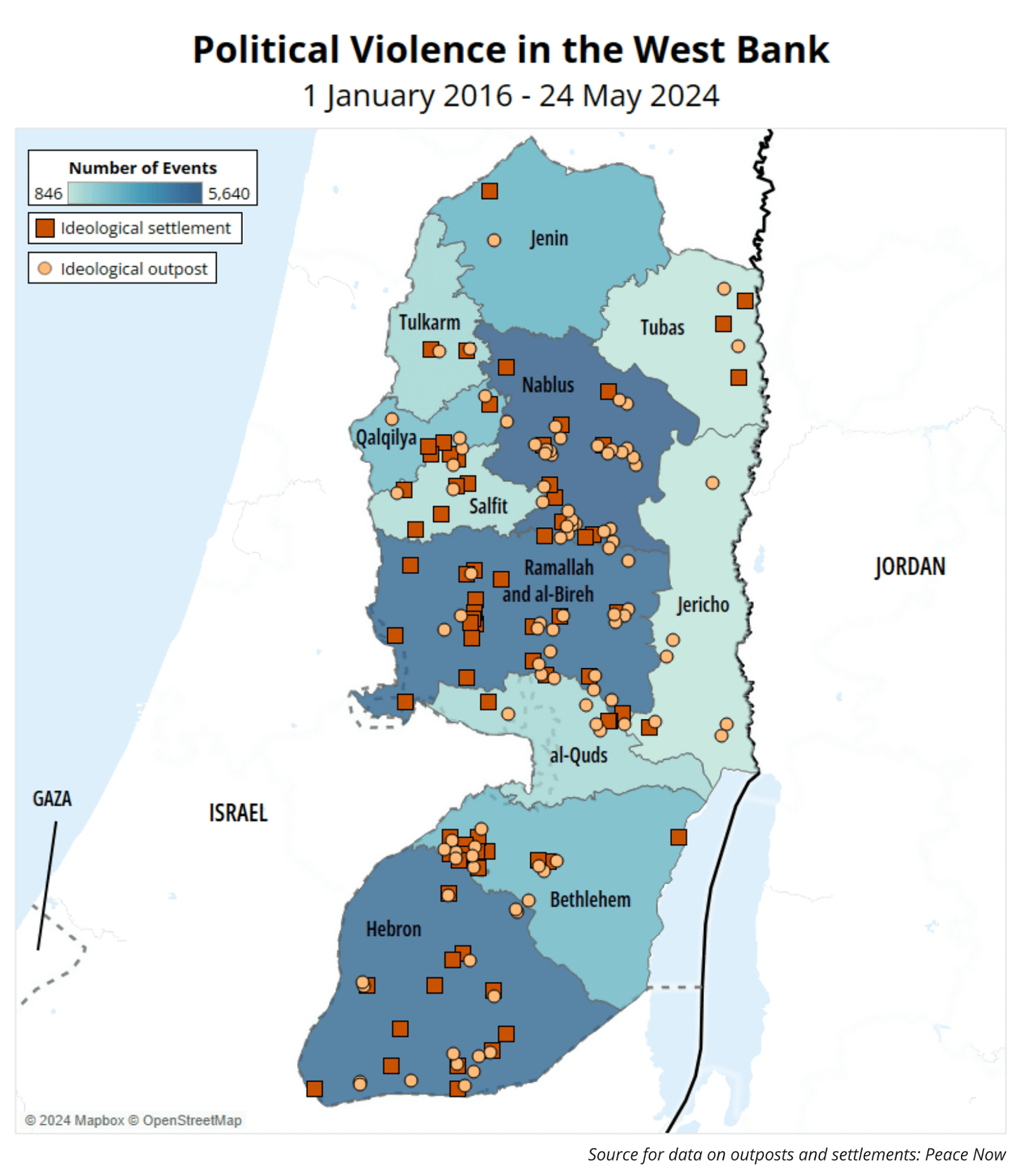 Map - Political Violence in the West Bank 1 January 2016 - 24 May 2024 Map - Political Violence in the West Bank 1 January 2016 - 24 May 2024