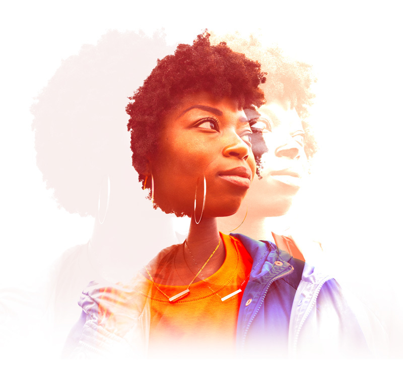 A brightly colored and layered photo of a Black woman looking off into the distance. 