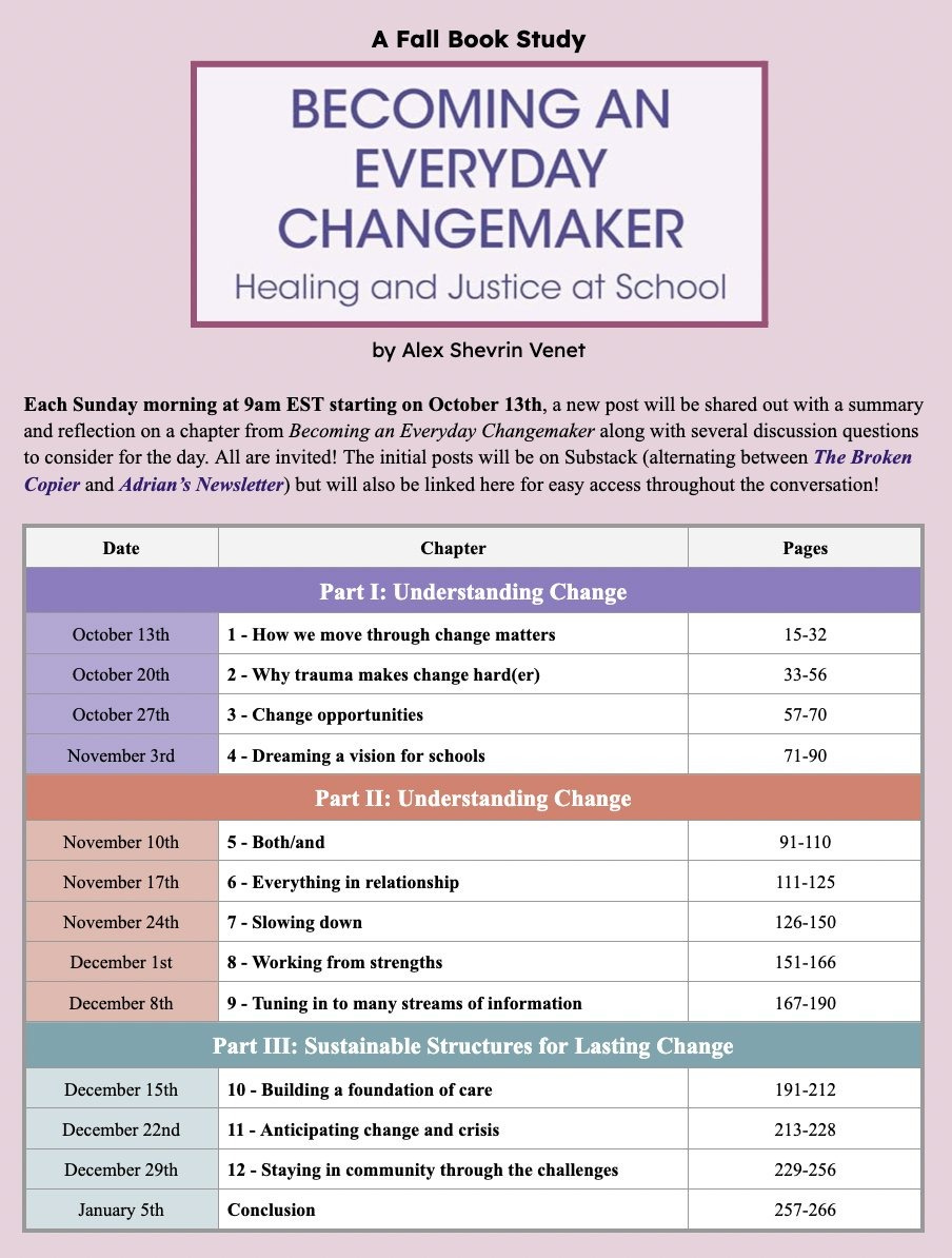 Overview of book study chapters and dates, text is available at the link