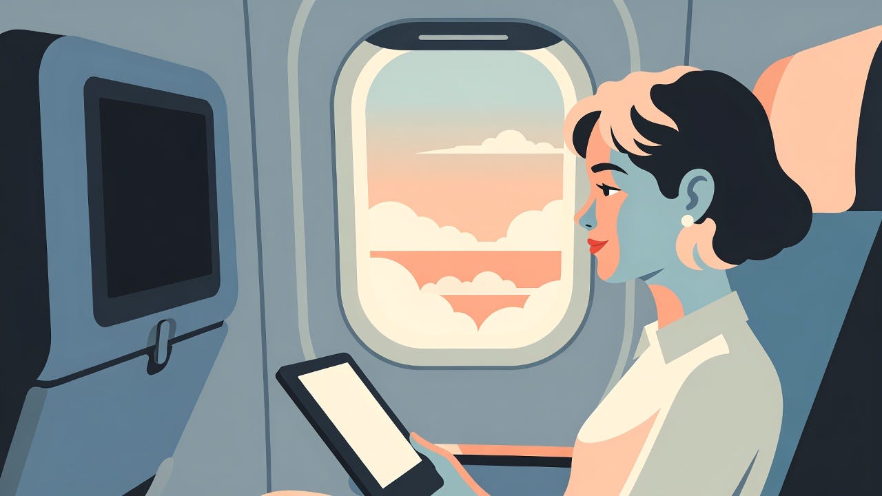 Woman on a flight using an e-reader