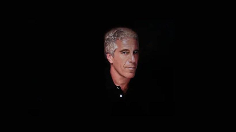 A photograph of Jeffrey Epstein set against darkness