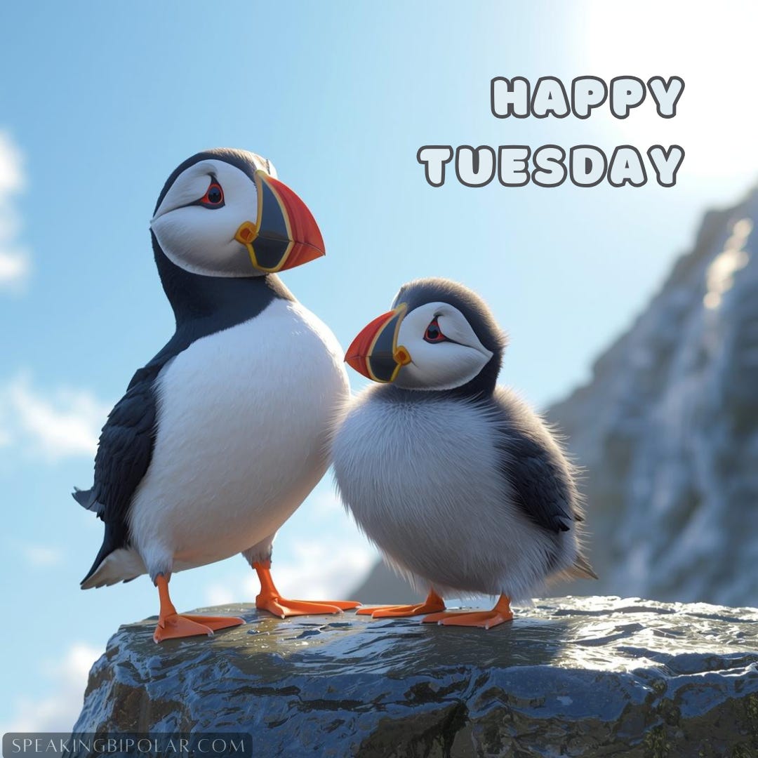 Illustration of  a happy cartoon Puffin and  baby puffin on a sunny day