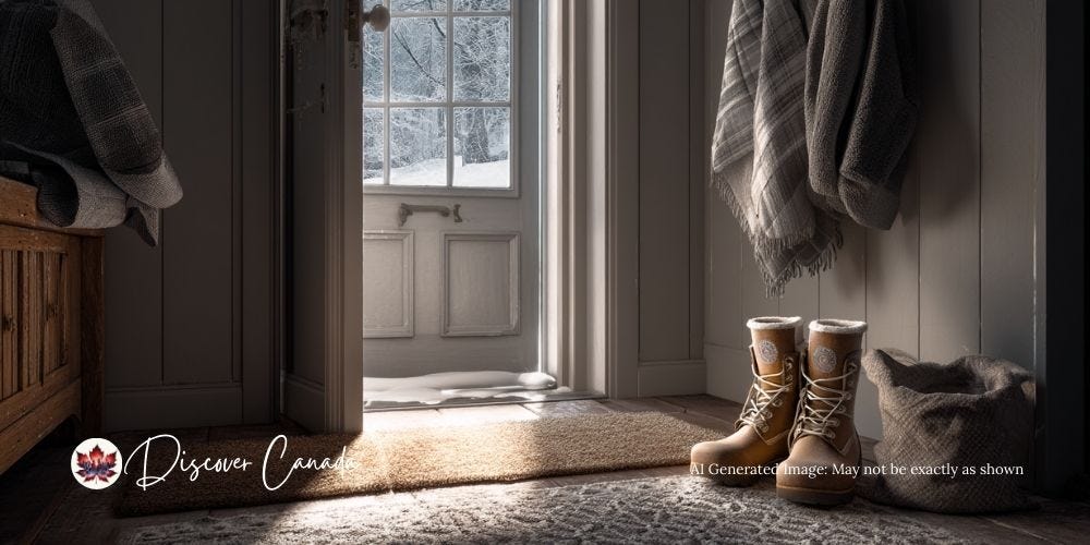 Canadian entryway with winter boots and frost on the window as winter begins