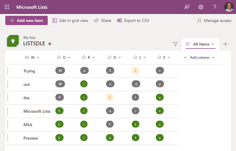A quick game of LISTSDLE using the Microsoft Lists - MSA Preview. 