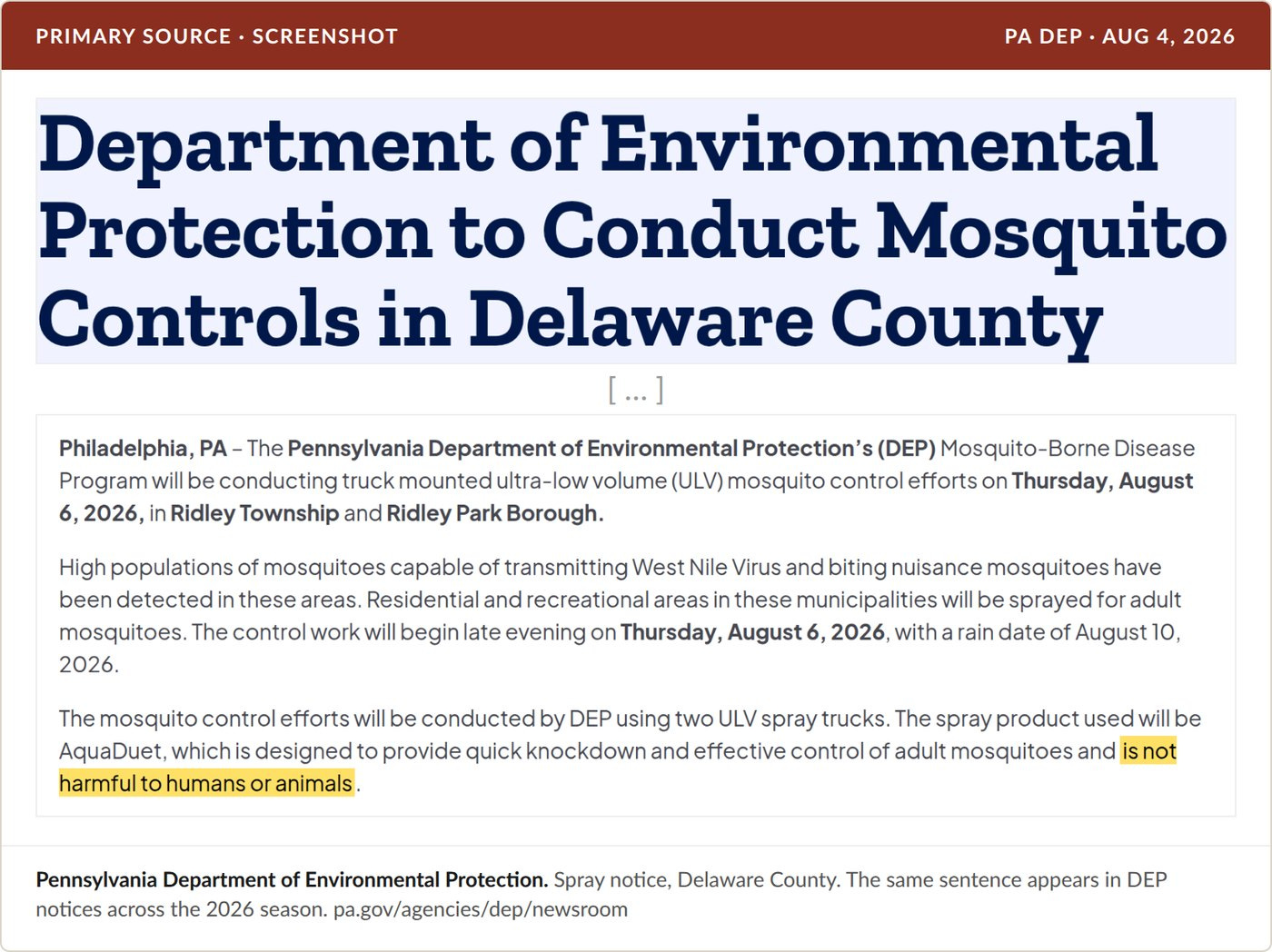 PA DEP spray notice, Aug 4, 2026. The "not harmful to humans or animals" sentence recurs across the department's 2026 notices. Highlighting added.
