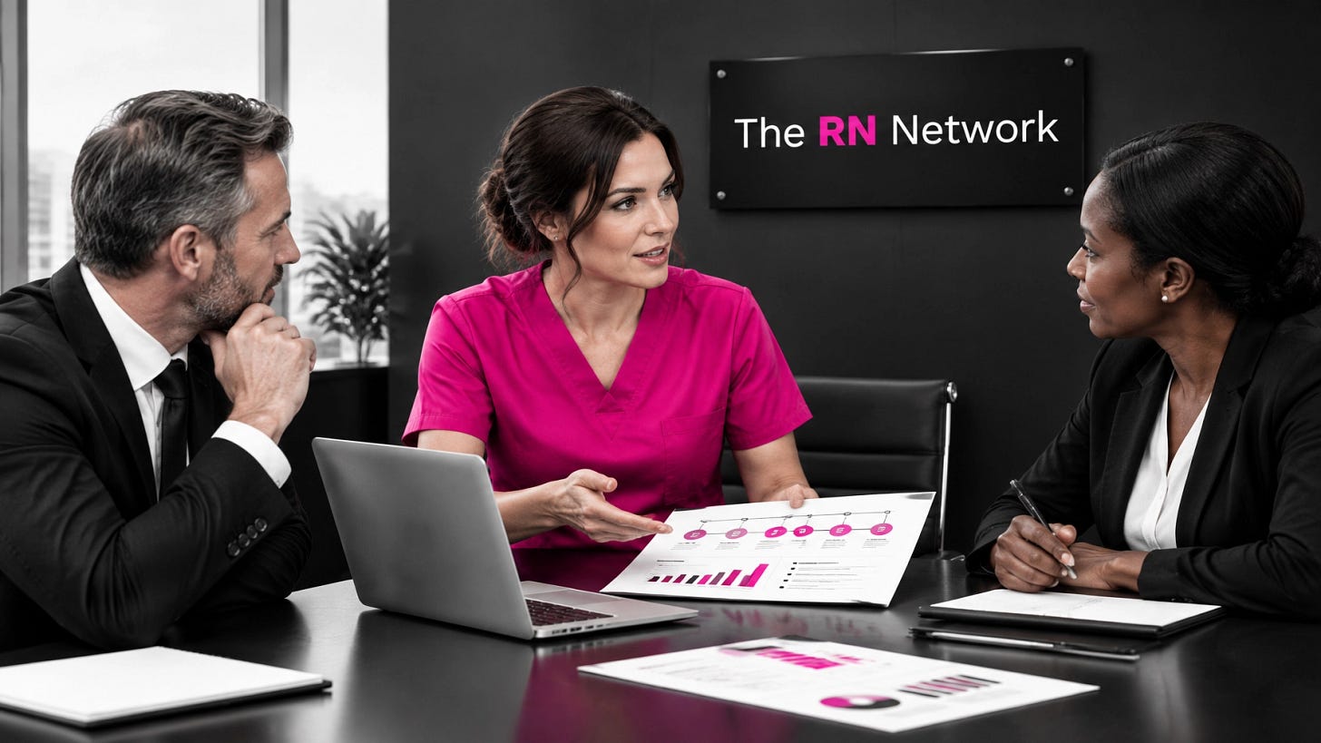 A nurse consultant in pink scrubs reviews a project plan with hospital administrators, with The RN Network logo