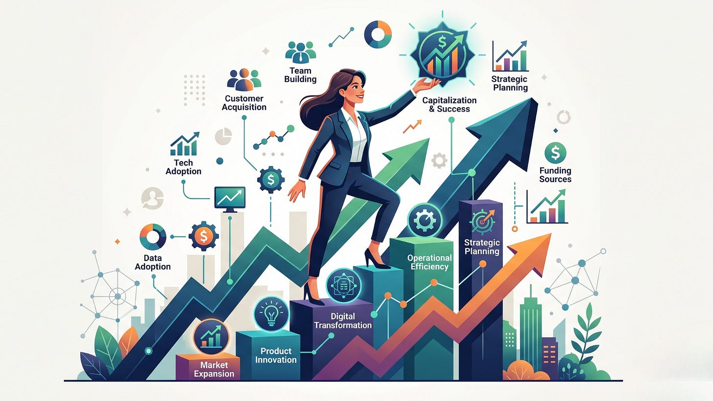 The image features a professional woman with long dark hair, wearing a sharp navy blue business suit and heels, confidently climbing a series of rising bar charts and ascending arrows. Her right hand points toward a glowing, circular teal badge at the peak that reads "Capitalization & Success" with a dollar sign and a growth chart inside. Surrounding her journey are various colorful, clean-lined icons and text labels representing business growth strategies, including: Market Expansion Product Innovation Digital Transformation Operational Efficiency Strategic Planning Funding Sources Team Building Customer Acquisition Tech Adoption Data Adoption The image features a professional woman with long dark hair, wearing a sharp navy blue business suit and heels, confidently climbing a series of rising bar charts and ascending arrows. Her right hand points toward a glowing, circular teal badge at the peak that reads "Capitalization & Success" with a dollar sign and a growth chart inside. Surrounding her journey are various colorful, clean-lined icons and text labels representing business growth strategies, including: Market Expansion Product Innovation Digital Transformation Operational Efficiency Strategic Planning Funding Sources Team Building Customer Acquisition Tech Adoption Data Adoption