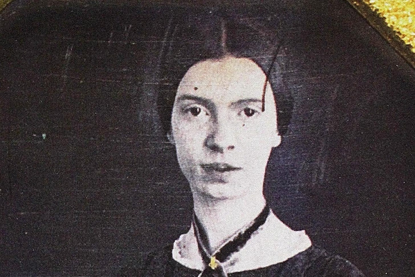 famous headshot portrait of Emily Dickinson; dark hair, white ruff, dark dress, ribbon around her neck; looking at camera intensely, hair pulled tight to head
