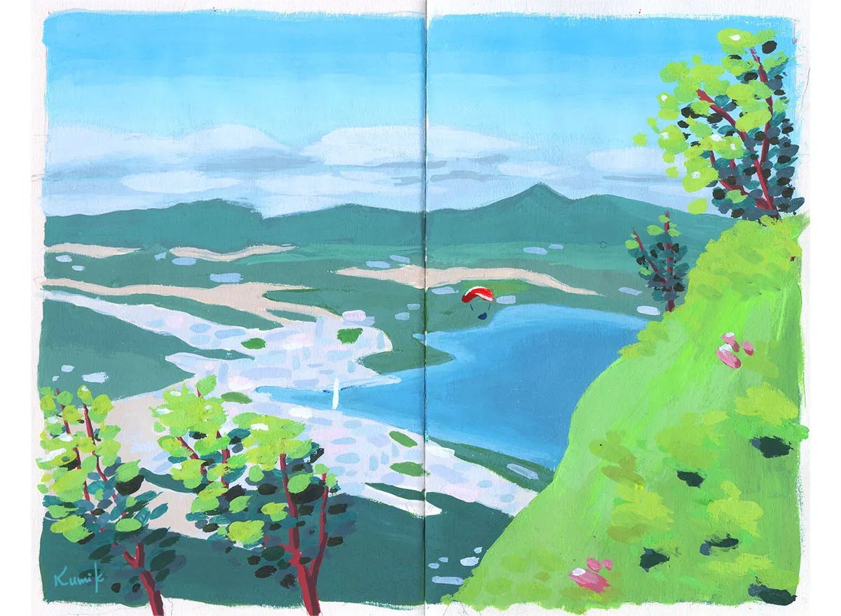Gouache sketch from the top of Mount Salève, overlooking Lake Geneva and distant mountain peaks under an open sky.