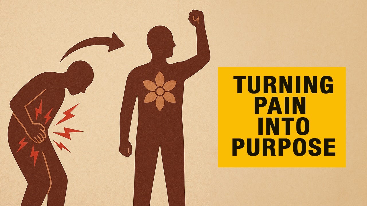 Thumbnail image showing a brown outline of a person with lightning bolt symbols around their body representing pain, transitioning into a new brown outline of the same person with a raised fist in the air. A yellow box with bold black text reads “Turning Pain into Purpose.”