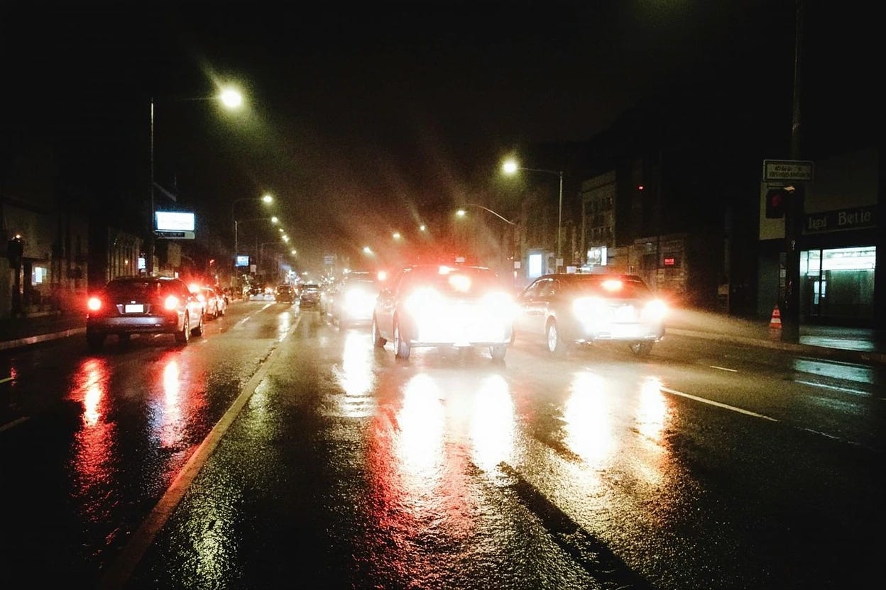 "Long‑exposure photo of cars moving through a rain-soaked city street at night, with bright taillight trails and reflections." - by Krea 1 image model