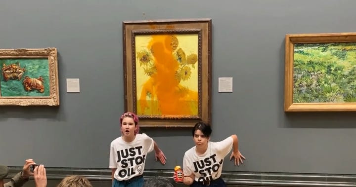 Climate protesters douse Vincent van Gogh's 'Sunflowers' with tomato ...