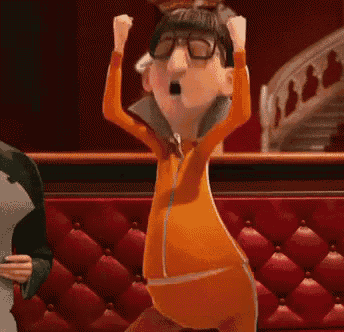 a cartoon character is standing in front of a red couch with his hands in the air .