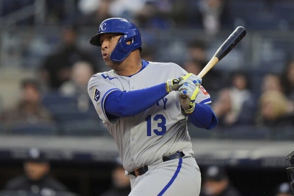 Kansas City Royals' Salvador Perez hits an RBI single during the first inning of a baseball game against the New York Yankees Wednesday, April 16, 2025, in New York. (AP Photo/Frank Franklin II)