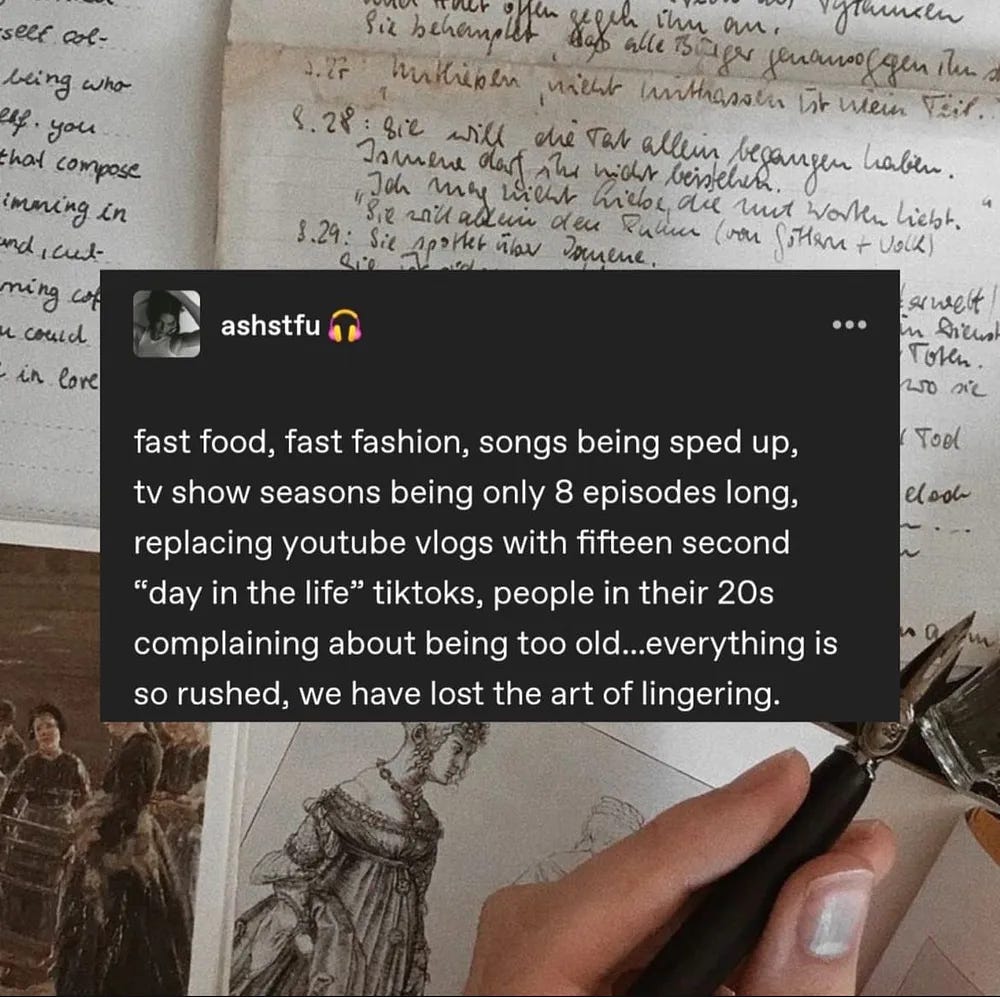 An edit with a post from Tumblr user ashstfu: fast food, fast fashion, songs being sped up, tv show seasons being only 8 episodes long, replacing youtube vlogs with fifteen second “day in the life” tiktoks, people in their 20s complaining about being too old…everything is so rushed, we have lost the art of lingering. 