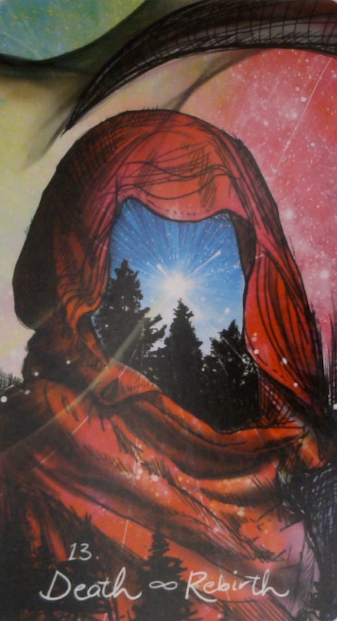 The Death and Rebirth tarot card and the A Leg Up oracle card