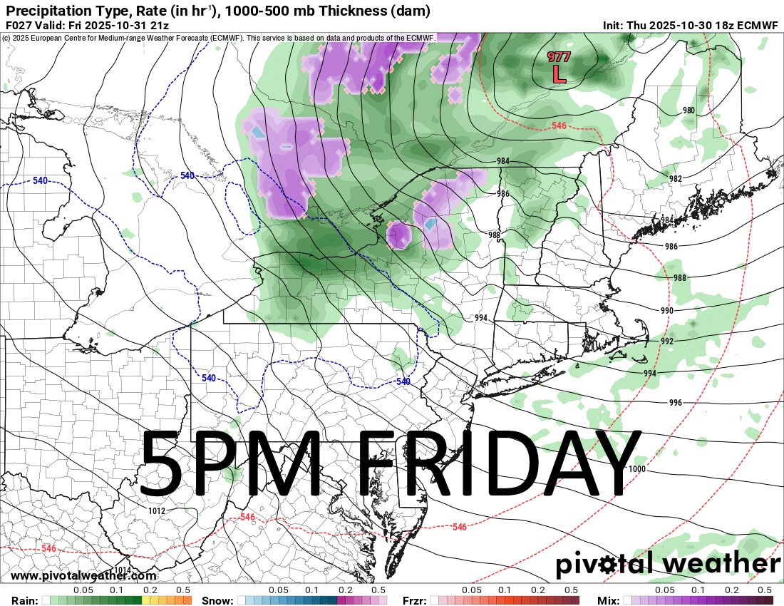 May be an image of map and text that says 'Precipitation Type, Rate (in hr'), 1000-500 mb Thickness (dam) F027 2025- 10-31 နုံး) 202 2025European Centref Medium range Weather Farecasts (ECMWF) This service based and lataa and products ofthe CMWF. Init: Thu nit:Thu2025-10-3018ZECMWF 2025- 2025-10-30 -10-30 18z ECMWF 977 L 546 Rain: www.pivotalweather.com 0.05 0.1 0.2 0.5 0.05 Snow: 0.1 0.2 0.5 Frzr: 0.05 5PM 5PMFRIDAY 1012 FRIDAY 1000 pivotal pivatalweather weather 0.2 0.5 0.5 0.05 0.1 0.2 0.5 Mix: 0.1'