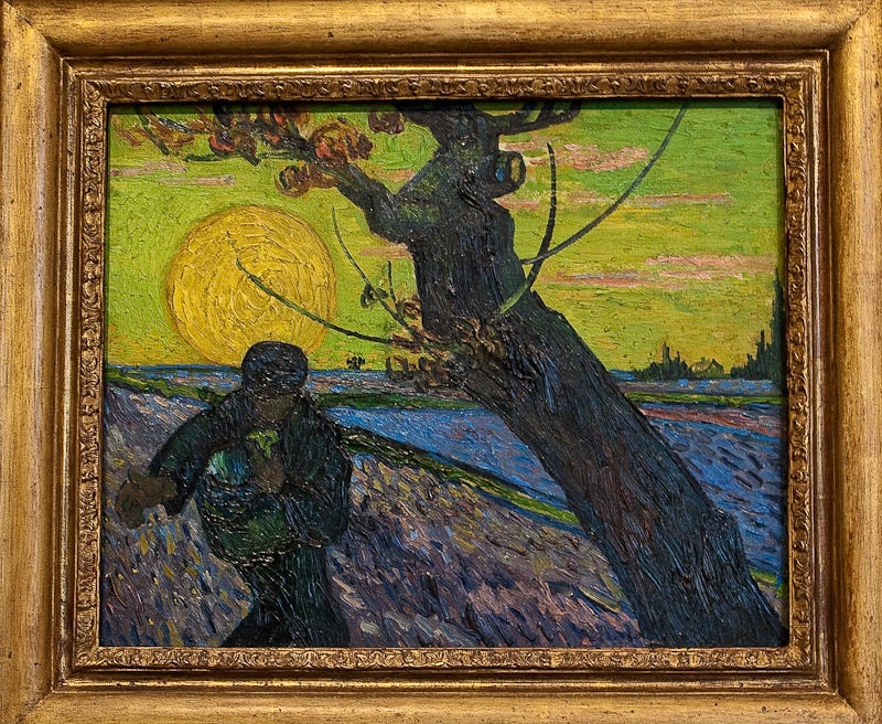 A huge yellow sun sits low behind a farmer scattering seed in a violet field A huge yellow sun sits low behind a farmer scattering seed in a violet field