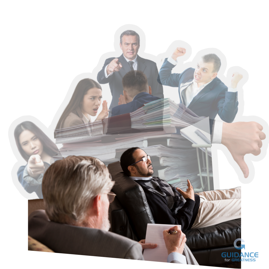 A person lies on a therapist's couch while a therapist sits nearby taking notes. Surrounding the patient are multiple translucent, ghost-like figures with white halos—aggressive bosses pointing accusingly, distressed coworkers, and stacks of overwhelming paperwork. These spectral workplace figures loom over and crowd around the therapy session, illustrating how toxic work environments haunt employees even in their healing spaces. The composition shows workplace trauma literally following someone into therapy, with a large thumbs-down gesture prominently visible among the ghostly presences.