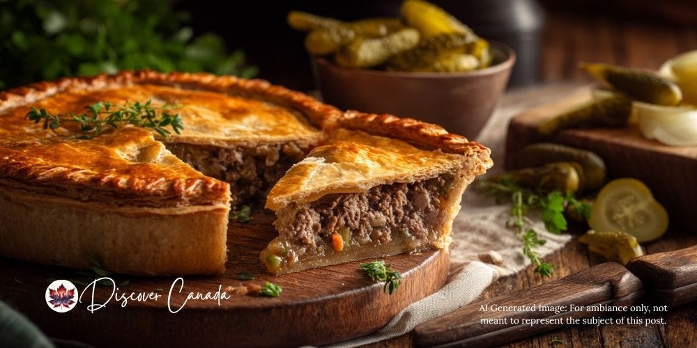 Traditional Quebec tourtière with a golden, flaky crust and savory minced pork filling. Traditional Quebec tourtière with a golden, flaky crust and savory minced pork filling.