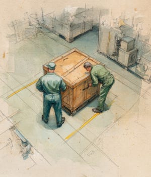 Two corrective operations workers guide a sealed prototype crate into a marked industrial bay under fluorescent lighting. Two corrective operations workers guide a sealed prototype crate into a marked industrial bay under fluorescent lighting.