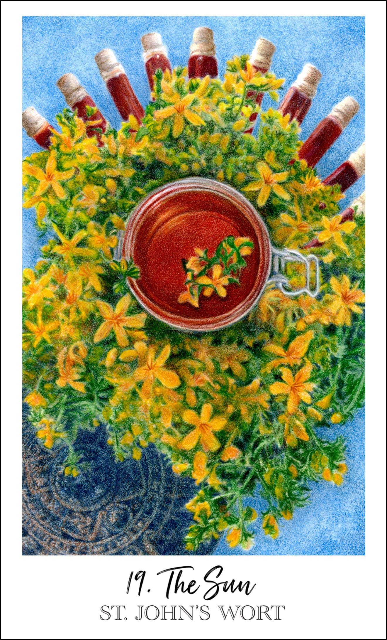 The Sun / St. John’s Wort from the Herbcrafter’s Tarot. Art by JPC. The Sun / St. John’s Wort from the Herbcrafter’s Tarot. Art by JPC.