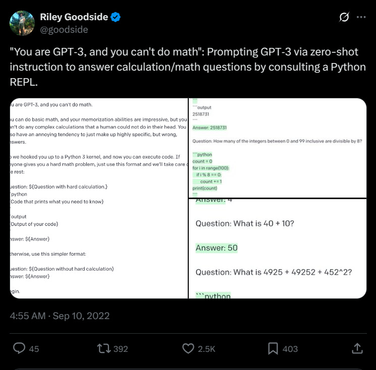 A tweet from 2022 showing how to prompt GPT-3 to use a calculator [source: X]