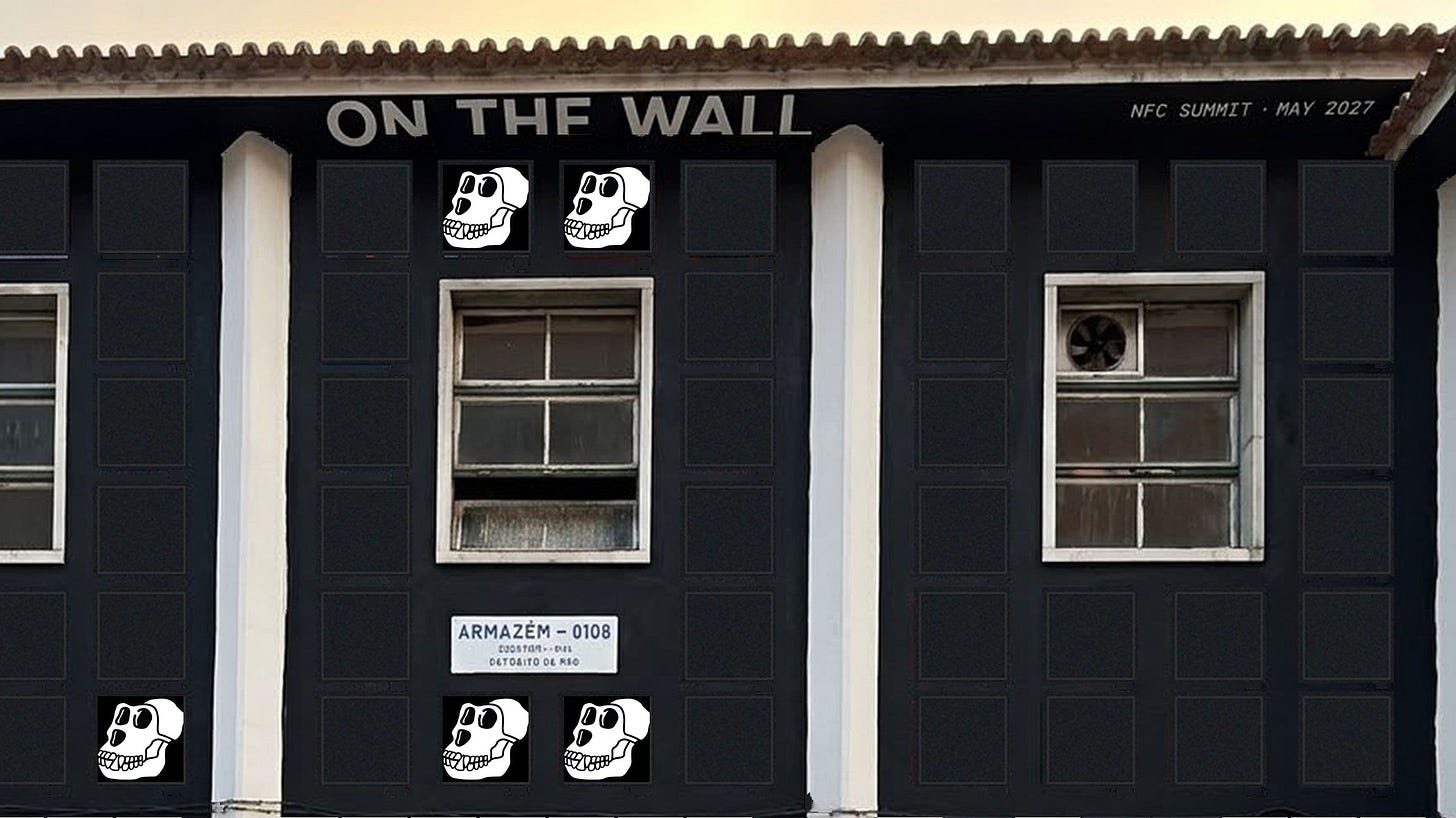 The ON THE WALL facade in Lisbon with five Bored Ape skulls at the top of the wall. The ON THE WALL facade in Lisbon with five Bored Ape skulls at the top of the wall.