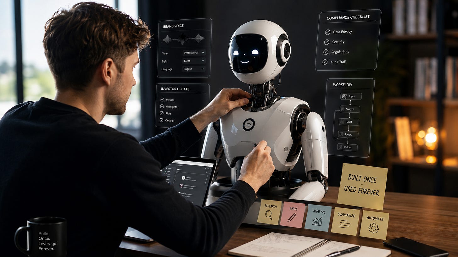 A founder at a desk fine-tunes a humanoid robot assistant while holographic panels show brand voice, investor updates, compliance tasks, and workflow steps, visualizing a custom AI skill built for repeated work. A founder at a desk fine-tunes a humanoid robot assistant while holographic panels show brand voice, investor updates, compliance tasks, and workflow steps, visualizing a custom AI skill built for repeated work.