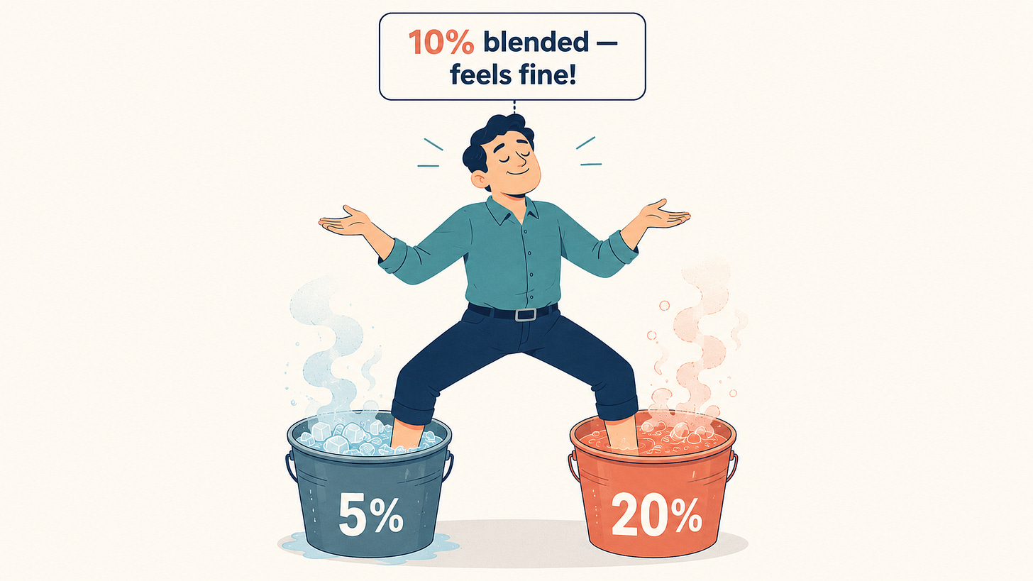 Illustration showing 5% and 20% customer churn cohorts hidden behind a reassuring 10% blended average. Illustration showing 5% and 20% customer churn cohorts hidden behind a reassuring 10% blended average.