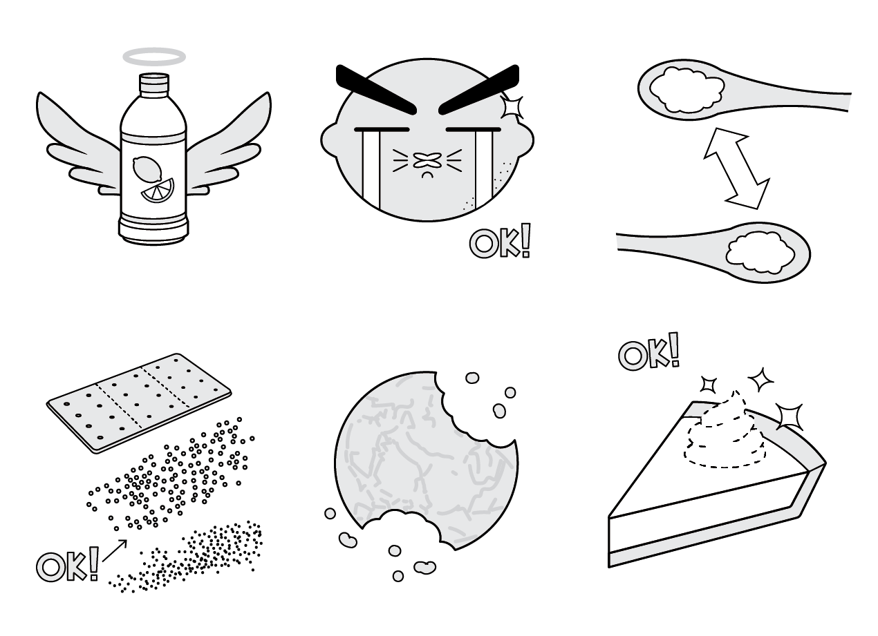 illustrations of key lime pie related items: a bottle of juice, a sour lime with a cartoon face, etc