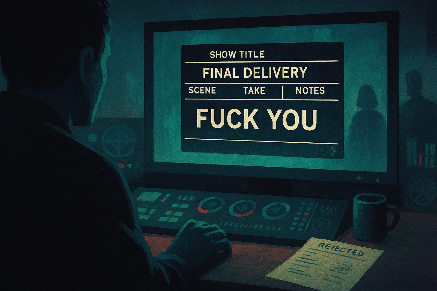 A stylized digital painting of a color review session in a dark post-production suite. A colorist sits before glowing grading panels and a large monitor displaying a film slate that reads “F*** YOU,” symbolizing creative frustration and industry burnout. Papers marked “Rejected” lie on the desk, with blurred executives reflected in the background.