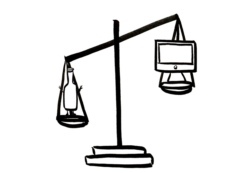 An anthropomorphic bottle of wine outweighs a computer on a scale