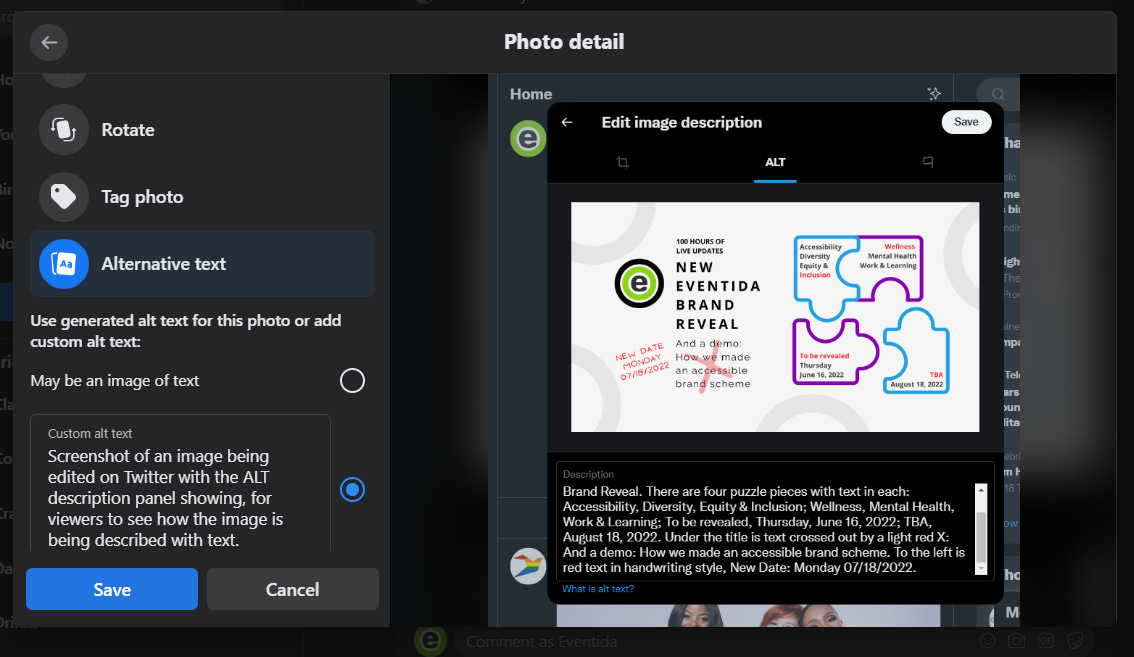 A screenshot of a photo upload on Twitter showing where to add an image description for blind users. It looks complicated and unintuitive, and one can see that the image description added by artificial intelligence is not even close. A screenshot of a photo upload on Twitter showing where to add an image description for blind users. It looks complicated and unintuitive, and one can see that the image description added by artificial intelligence is not even close.