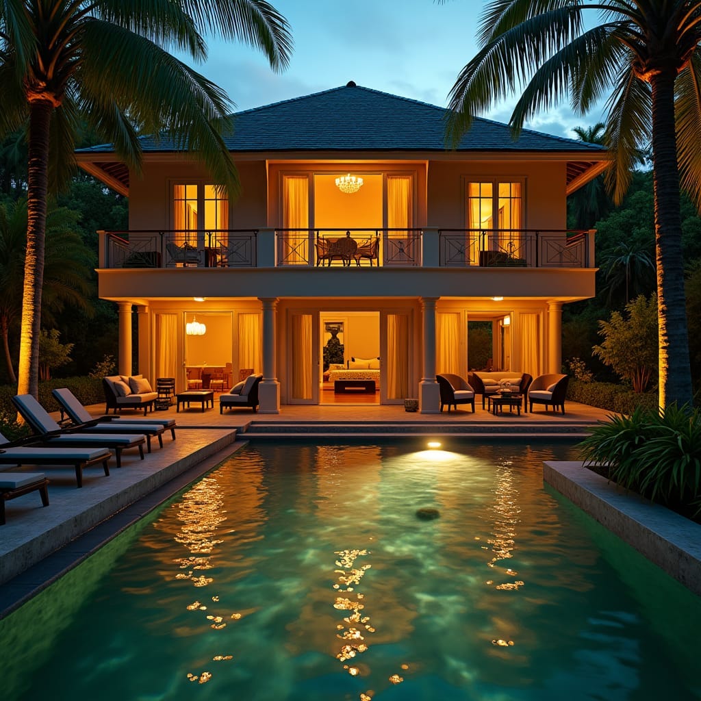 A luxurious furnished property in Jamaica, warmly lit by the golden glow of sunset, casting a cinematic ambiance