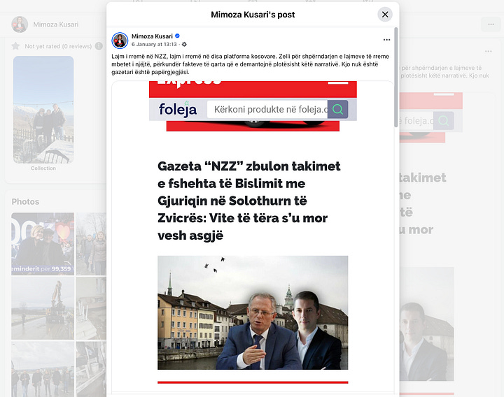 Këto pamje dokumentojnë dy reagime publike të znj. Mimoza Kusari-Lila më 6 dhe 8 janar 2026, të publikuara në faqen e saj zyrtare në Facebook. Postimi i parë e etiketon raportimin si “lajm të rremë në NZZ”, ndërsa postimi i dytë sqaron natyrën e takimeve të organizuara nga CIG, duke konfirmuar se ato janë diskrete, jo sekrete, jo negociuese dhe me dokumentacion publik. Kontrasti mes dy reagimeve pasqyron ndryshimin mes reagimit të menjëhershëm politik dhe sqarimit faktik të vonuar.