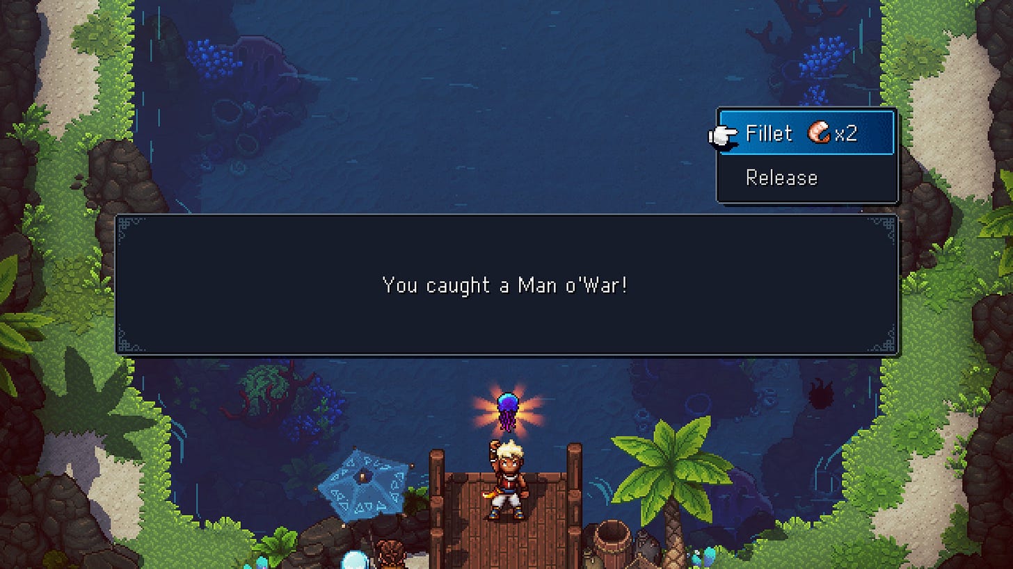 A screenshot of the game Sea of Stars, showing a lake environment at the centre and the main character holding a fish in the air at the bottom. The caption says "You caught a Man o' War!"