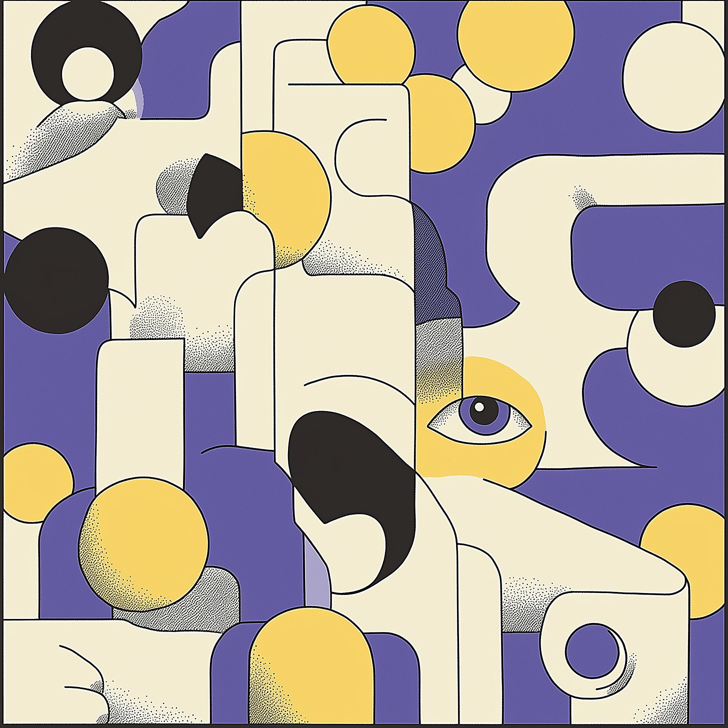 Abstract illustration with flat shapes in purple, yellow, black, and white. It includes circles, rectangles, and lines, forming a pattern resembling a face with one large eye in the center.