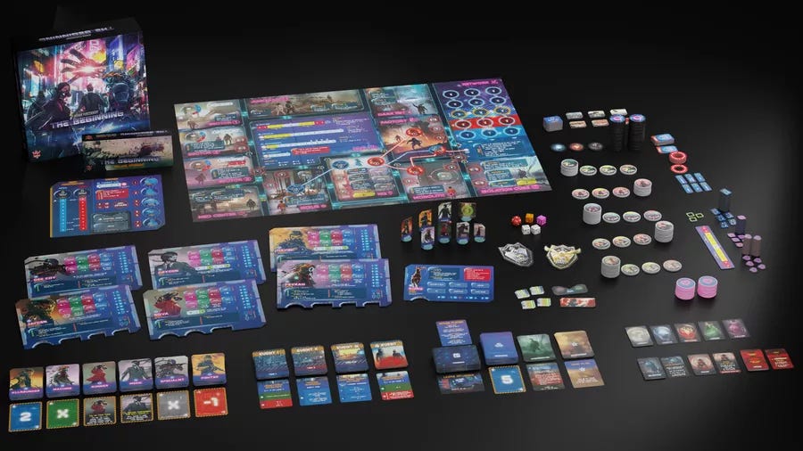 The components of Human Punishment: The Beginning. A board, 6 player boards, piles of chips, cards, and other components. It's a lot of stuff.