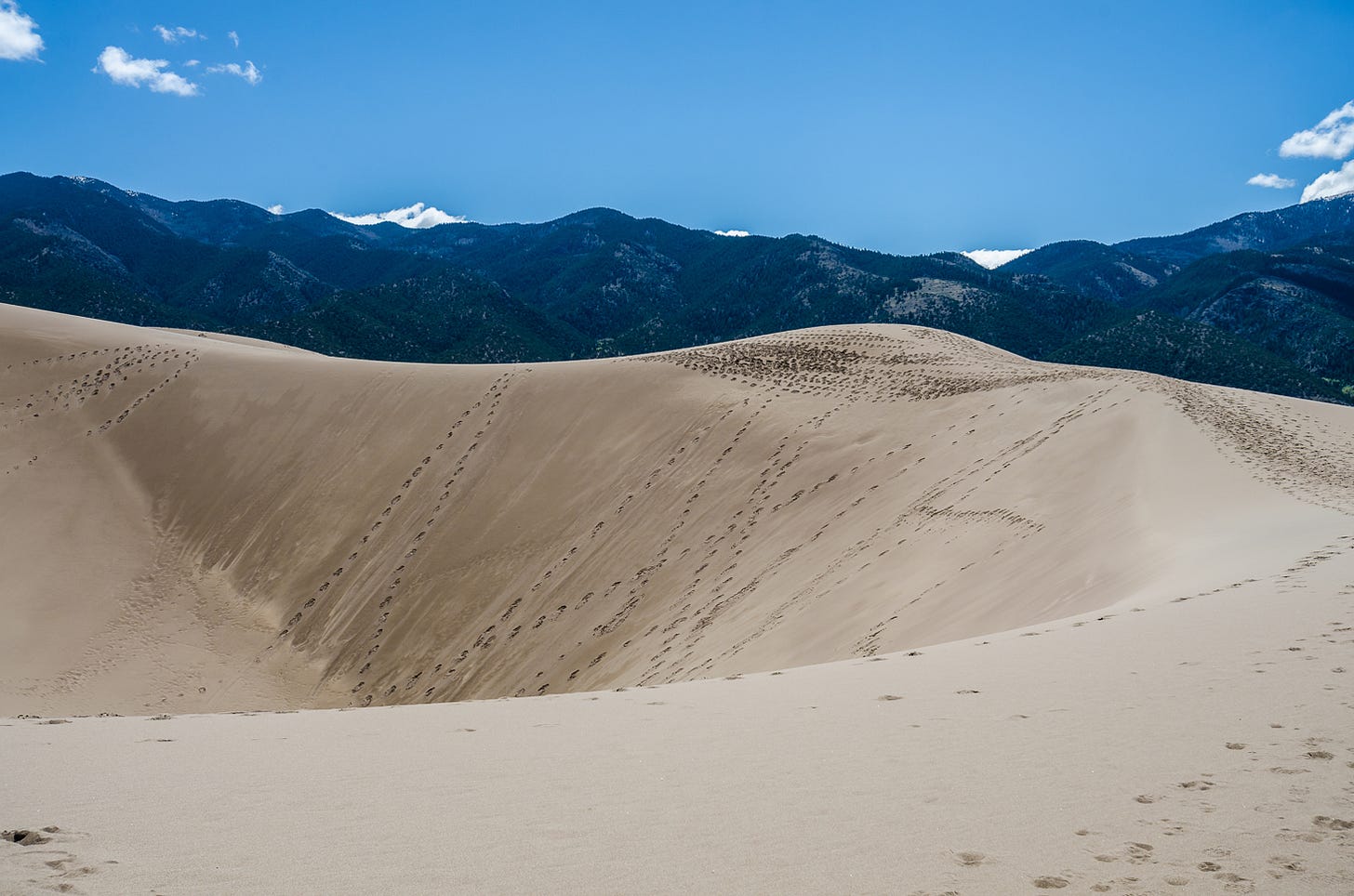 A tall sand dune covered in footprints.