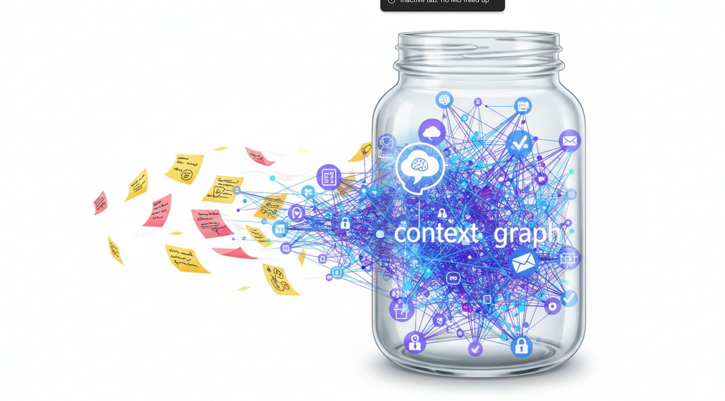 A sealed glass jar contains a neat connected graph of knowledge, while loose sticky notes scatter outside, representing fragile context.