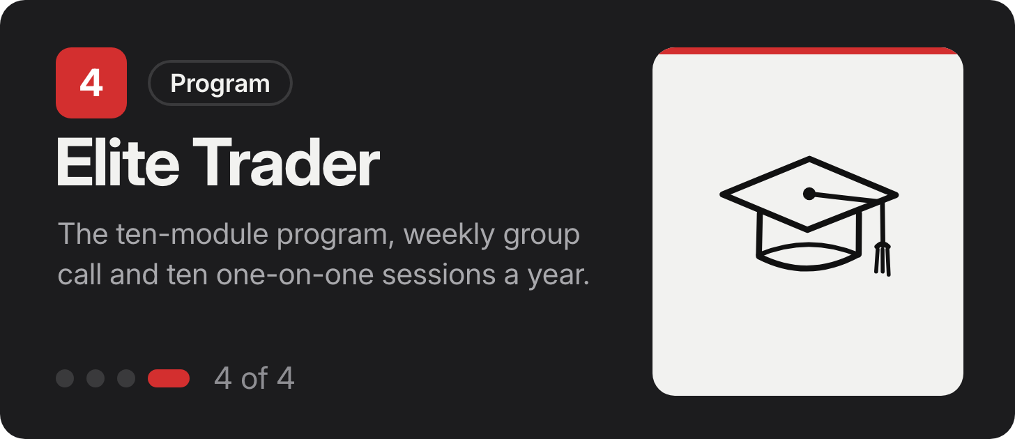 Elite Trader, the program: ten modules, a weekly group call and ten one-on-one sessions a year.