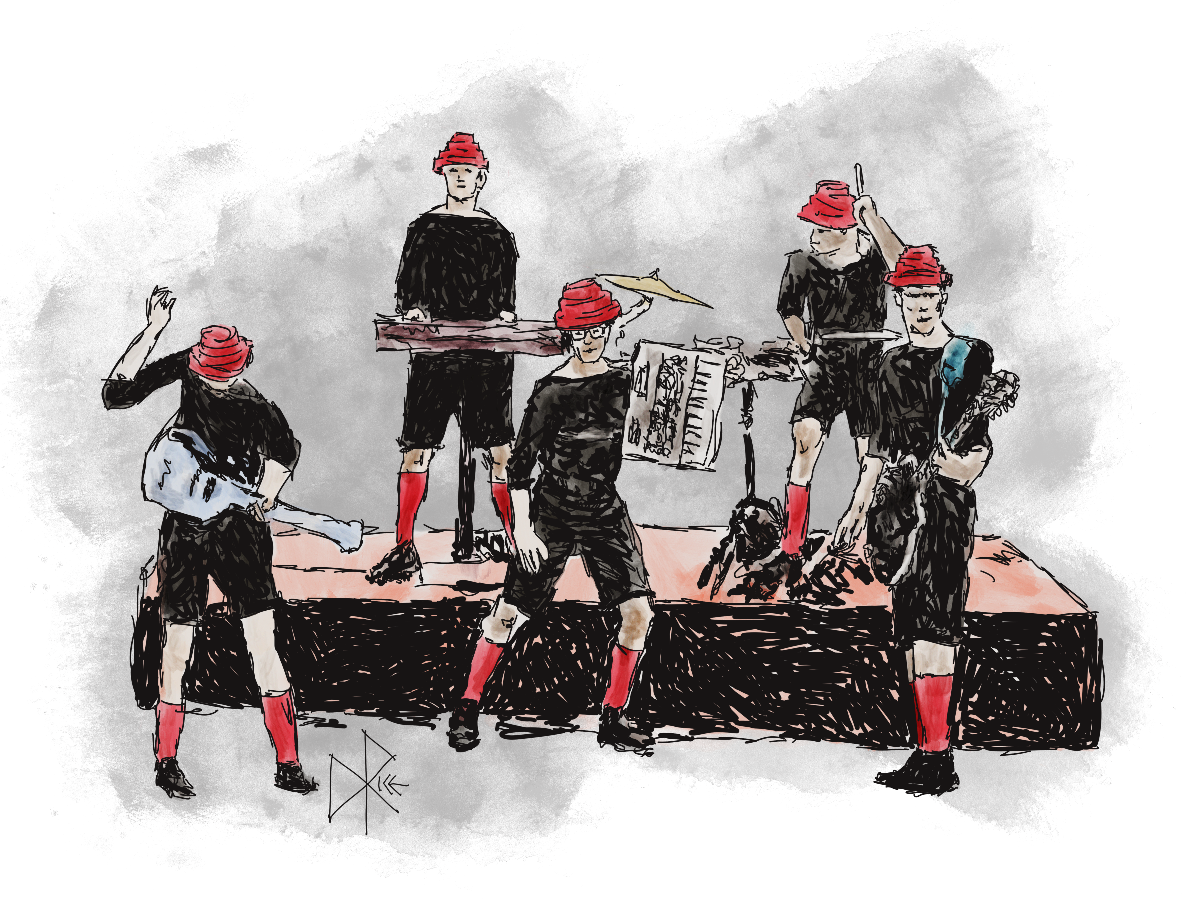 The new wave synth-pop art punk band Devo performing live on a stage. The 2025 documentary on the band, now streaming on Netflix, is pretty great. Sketch art by Don Rice. The new wave synth-pop art punk band Devo performing live on a stage. The 2025 documentary on the band, now streaming on Netflix, is pretty great. Sketch art by Don Rice.