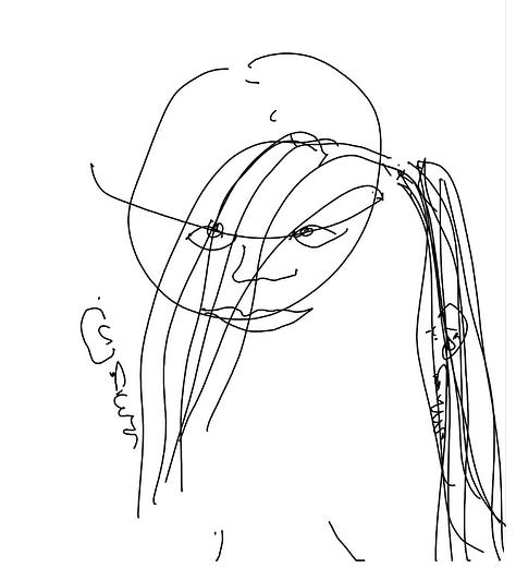 9 self portraits made as blind contour drawings, black ink on white paper, with faces askew; in one, the chin is shifted to the left so it looks like there's only half, in another the neck intersects with the chin in a way that it looks like a chin hair; in a third, the hair is completely off the head and instead is like a curtain in front of the face. They're cubist, cartoonish, strange and somehow beautiful