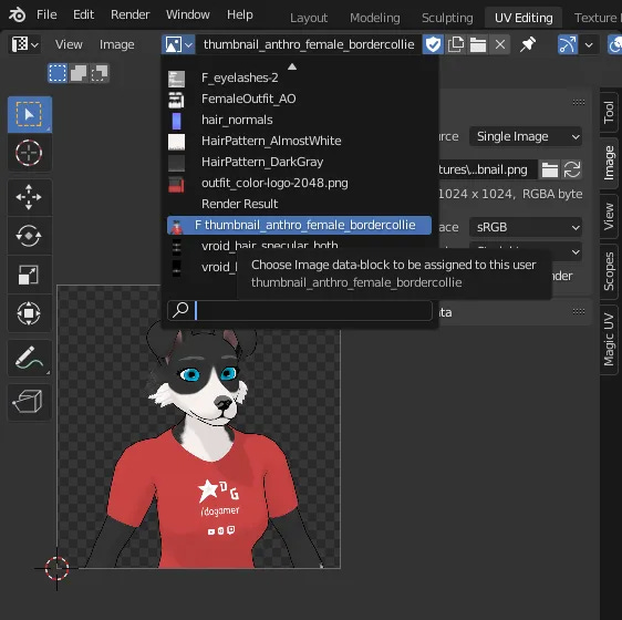Two Blender UV Editor images in different stages, on the left the old model thumbnail preview window, clicking Browse Image to load a new external image file to replace the old one. In the right the updated thumbnail with the current look of model.