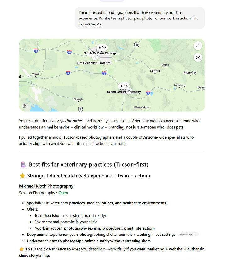 A prompt and result from ChatGPT about commercial photographers with veterinary practice experience.