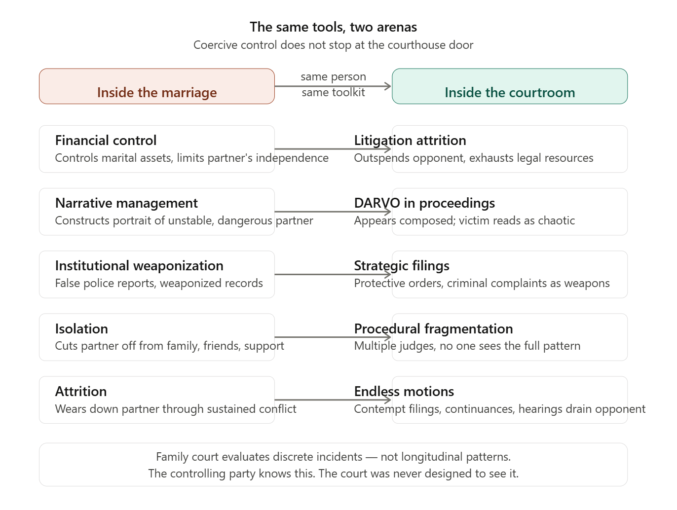 Infographic contrasting tactics used in abusive marriages and courtrooms, highlighting methods like financial control and litigation attrition.
