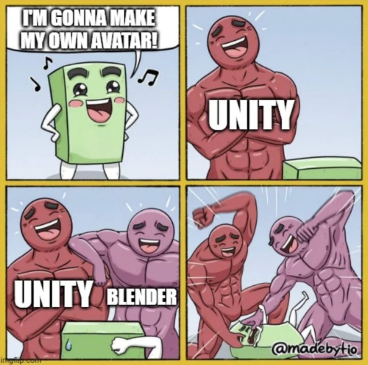 This is an image of a funny meme remixed from a 2021 meme from @madebytio where Unity and Blender team up to attack an aspiring avatar creator. This is an image of a funny meme remixed from a 2021 meme from @madebytio where Unity and Blender team up to attack an aspiring avatar creator.