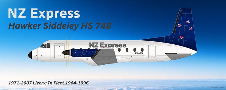 The two flagship aircraft for NZ Express Airways, displaying their liveries before and after the 1971 merger: (top) Hawker Siddeley HS 748 in livery of South Island Airways (L) and NZ Express (R); and (bottom) Fokker F27 Friendship in livery of Waikato Air (L) and NZ Express (R) - all shown in side view while in midflight.